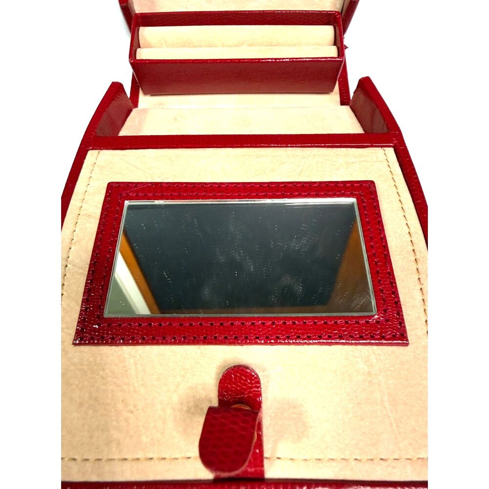 Vintage Red Lizard Embossed Jewelry Train Case Vanity Box Mirror Gold Tone EUC - Picture 12 of 13